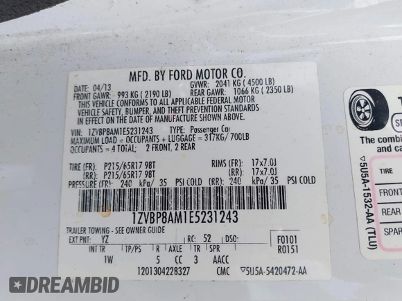 2014 Ford Mustang V6 with VIN 1ZVBP8AM1E5231243, listed as a IAAI auction lot 41730357 with 211,508 mi miles. Bid and sale history available at carsss.com. Image 9.