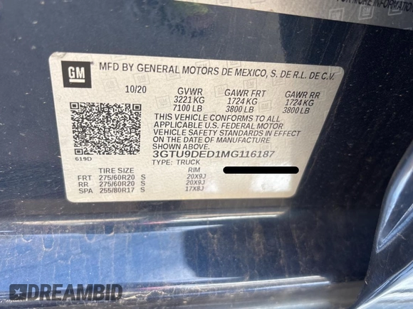 2021 GMC Sierra 1500 SLT z VIN 3GTU9DED1MG116187, wystawiony jako Copart lot #53917655 z przebiegiem 114 574 mil mil oraz Czysty tytuł • Clean title. Historia ofert i sprzedaży dostępna na DreamBid. Obrazek 10.
