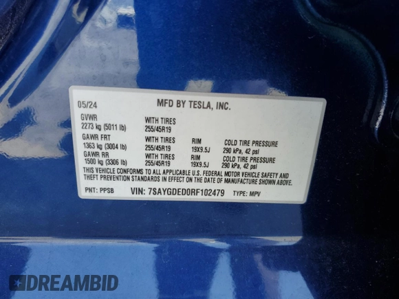 2024 Tesla Model Y with VIN 7SAYGDED0RF102479, listed as a Copart auction lot 55431975 with 23,989 mi miles and Salvage title. Bid and sale history available at DreamBid. Image 14.
