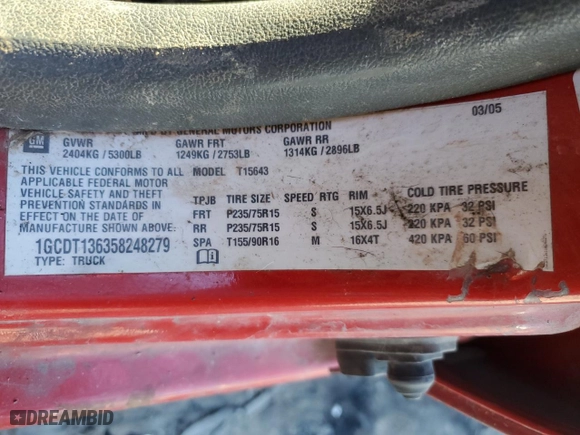 2005 Chevrolet Colorado 1SC LS Z85 with VIN 1GCDT136358248279, listed as a Copart auction lot 73784094 with 123,220 mi miles and Salvage Title. Bid and sale history available at carsss.com. Image 13.