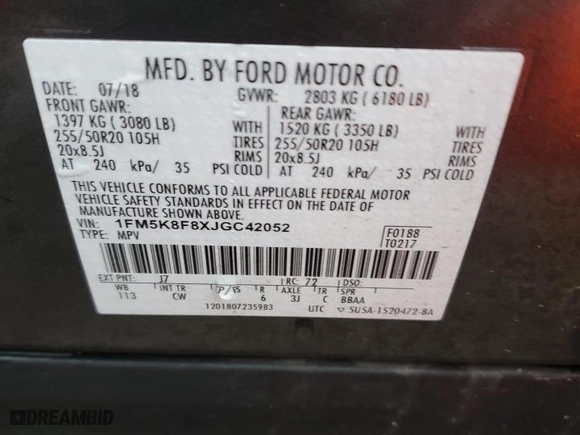 2018 Ford Explorer Limited with VIN 1FM5K8F8XJGC42052, listed as a Copart auction lot 47125795 with NaN miles and Salvage Title. Bid and sale history available at carsss.com. Image 12.