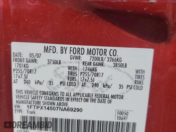 2007 Ford F-150 XLT with VIN 1FTPX14507NA69290, listed as a Copart auction lot 53051405 with Not provided miles and Salvage title. Bid and sale history available at DreamBid. Image 15.