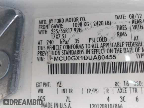 2013 Ford Escape SE with VIN 1FMCU0GX1DUA80455, listed as a IAAI auction lot 41756952 with 211,389 mi miles. Bid and sale history available at carsss.com. Image 9.