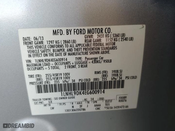 2014 Lincoln MKS with VIN 1LNHL9DK4EG600914, listed as a Copart auction lot 47142225 with 183,024 mi miles and Clean Title. Bid and sale history available at carsss.com. Image 12.