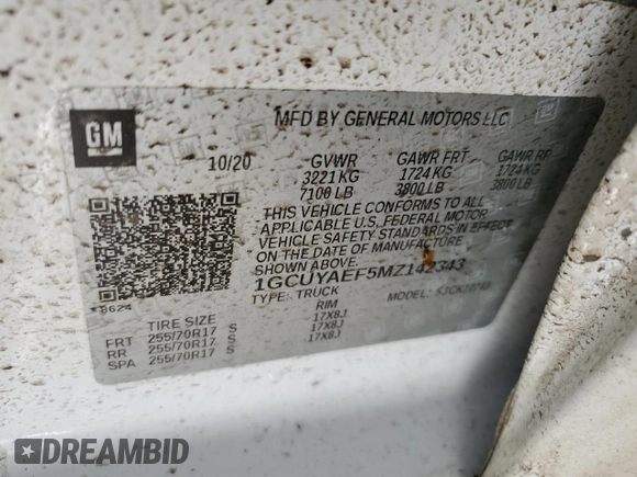 2021 Chevrolet Silverado 1500 Work Truck with VIN 1GCUYAEF5MZ142343, listed as a Copart auction lot 45414654 with Not Provided miles and Salvage Title. Bid and sale history available at DreamBid. Image 12.