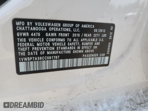 2012 Volkswagen Passat SE z VIN 1VWBP7A38CC091797, wystawiony jako Copart lot #62032205 z przebiegiem 198 594 mil mil oraz Czysty tytuł • Clean title. Historia ofert i sprzedaży dostępna na DreamBid. Obrazek 12.