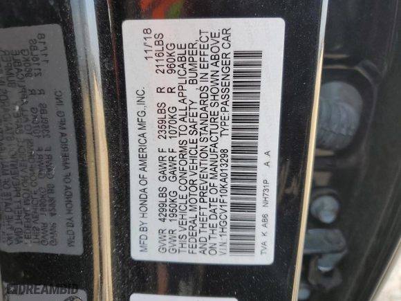 2019 Honda Accord Sedan LX 1.5T with VIN 1HGCV1F10KA013298, listed as a Copart auction lot 44006365 with 93,602 mi miles and Salvage Title. Bid and sale history available at carsss.com. Image 12.