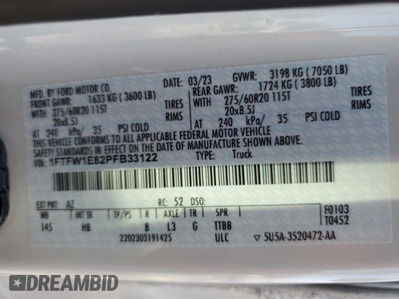 2023 Ford F-150 XL with VIN 1FTFW1E82PFB33122, listed as a Copart auction lot 58625905 with 21,184 mi miles and Salvage title. Bid and sale history available at DreamBid. Image 12.