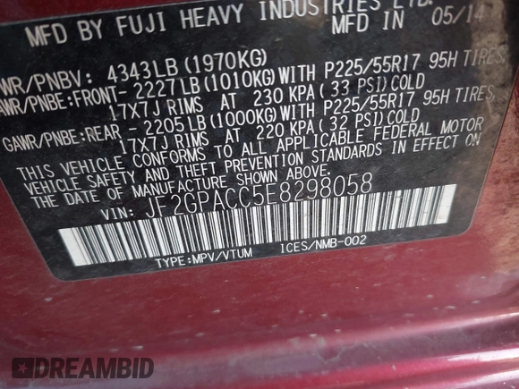 2014 Subaru Crosstrek Premium с VIN JF2GPACC5E8298058, выставлен на аукционе IAAI как лот 42220413 с пробегом 123 083 миль миль и . История ставок и продаж доступна на DreamBid. Изображение 9.