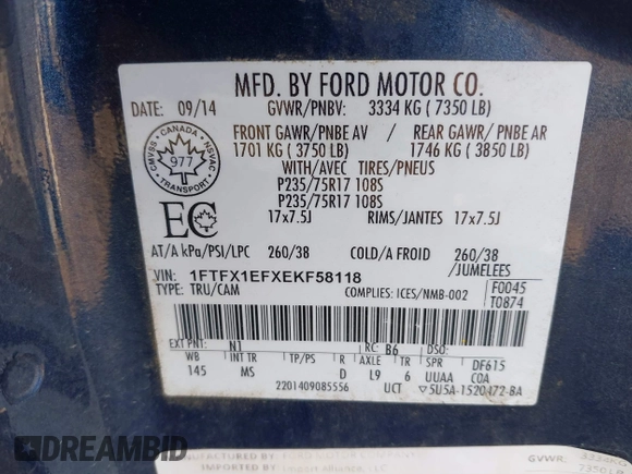 2014 Ford F-150 XL with VIN 1FTFX1EFXEKF58118, listed as a IAAI auction lot 41019106 with 119,933 mi miles. Bid and sale history available at carsss.com. Image 9.