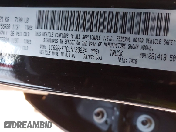 2020 Ram 1500 Big Horn with VIN 1C6SRFFT6LN133234, listed as a IAAI auction lot 41380480 with 70,051 mi miles. Bid and sale history available at carsss.com. Image 9.