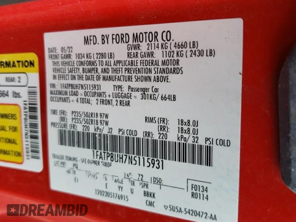 2022 Ford Mustang EcoBoost z VIN 1FATP8UH7N5115931, wystawiony jako Copart lot #60545995 z przebiegiem Nie podano mil oraz Szkoda całkowita • Salvage title. Historia ofert i sprzedaży dostępna na DreamBid. Obrazek 13.