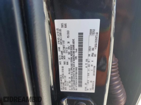 2015 Ford F-150 XLT with VIN 1FTEW1C81FFB01582, listed as a Copart auction lot 50217985 with 178,775 mi miles and Salvage Title. Bid and sale history available at carsss.com. Image 12.