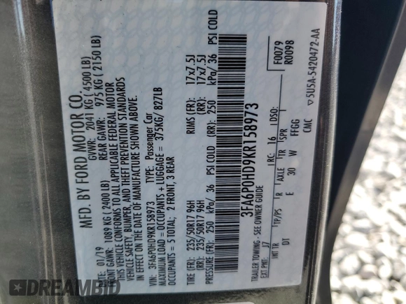 2019 Ford Fusion SE with VIN 3FA6P0HD9KR158973, listed as a Copart auction lot 50158435 with 76,956 mi miles and Salvage Title. Bid and sale history available at DreamBid. Image 12.