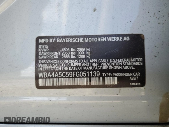 2015 BMW 4 Series 428i with VIN WBA4A5C59FG051139, listed as a Copart auction lot 45186185 with 141,839 mi miles and Clean Title. Bid and sale history available at DreamBid. Image 12.