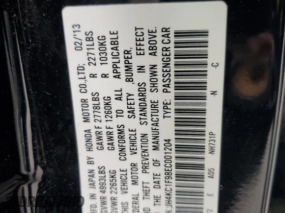 2014 Acura RLX Advance with VIN JH4KC1F98EC001204, listed as a Copart auction lot 55731955 with 148,263 mi miles and Salvage title. Bid and sale history available at DreamBid. Image 13.