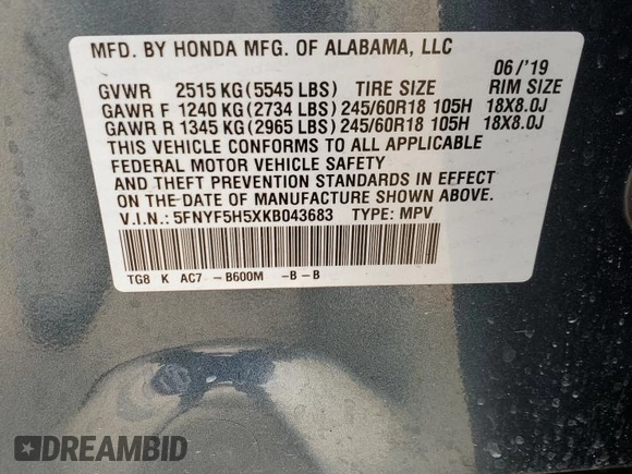 2019 Honda Pilot EX-L z VIN 5FNYF5H5XKB043683, wystawiony jako Copart lot #51000625 z przebiegiem 95 310 mil mil oraz Szkoda całkowita • Salvage title. Historia ofert i sprzedaży dostępna na DreamBid. Obrazek 12.