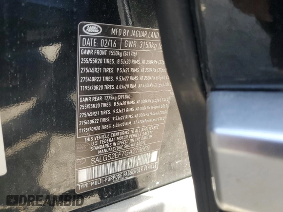 2016 Land Rover Range Rover Supercharged with VIN SALGS2EF7GA279669, listed as a Copart auction lot 50942405 with 95,714 mi miles and Salvage title. Bid and sale history available at DreamBid. Image 15.