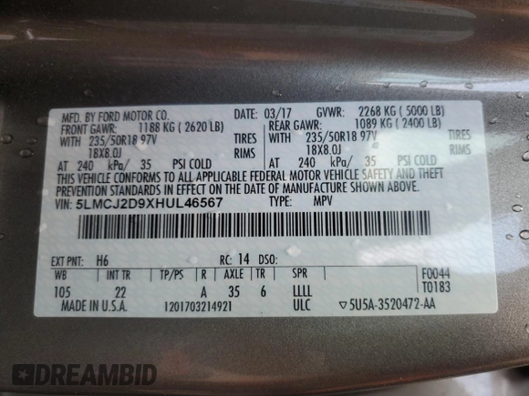 2017 Lincoln MKC Select z VIN 5LMCJ2D9XHUL46567, wystawiony jako Copart lot #64600175 z przebiegiem 65 089 mil mil oraz Szkoda całkowita • Salvage title. Historia ofert i sprzedaży dostępna na DreamBid. Obrazek 13.