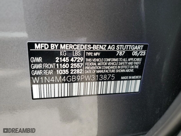 2023 Mercedes-Benz GLB with VIN W1N4M4GB9PW313875, listed as a Copart auction lot 51676835 with 13,972 mi miles and Salvage Title. Bid and sale history available at carsss.com. Image 13.