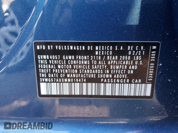 2021 Volkswagen Golf TSI с VIN 3VWG57AUXMM016474, выставлен на аукционе Copart как лот 49394145 с пробегом 9 628 миль миль и Списание • Salvage title. История ставок и продаж доступна на DreamBid. Изображение 13.