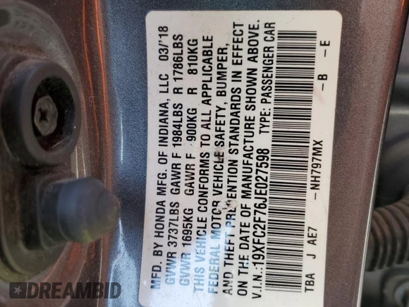 2018 Honda Civic EX with VIN 19XFC2F76JE027598, listed as a Copart auction lot 52301385 with 128,854 mi miles and Salvage Title. Bid and sale history available at DreamBid. Image 15.