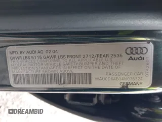 2004 Audi A6 z VIN WAUCD64B04N076324, wystawiony jako IAAI lot #42106102 z przebiegiem 193 992 mil mil oraz . Historia ofert i sprzedaży dostępna na DreamBid. Obrazek 9.