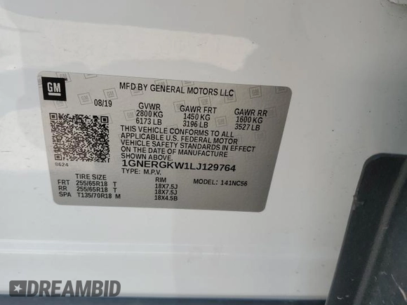 2020 Chevrolet Traverse LT Cloth with VIN 1GNERGKW1LJ129764, listed as a Copart auction lot 58945085 with 90,043 mi miles and Salvage title. Bid and sale history available at DreamBid. Image 13.