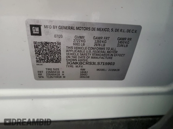 2020 Chevrolet Blazer LT with VIN 3GNKBCRS3LS715903, listed as a Copart auction lot 51078185 with 56,119 mi miles and Salvage title. Bid and sale history available at DreamBid. Image 15.