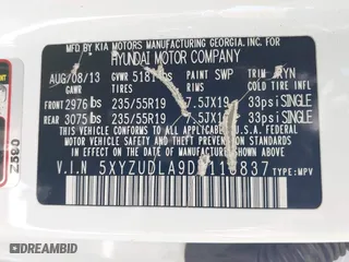 2013 Hyundai Santa Fe 2.0T Sport with VIN 5XYZUDLA9DG116837, listed as a IAAI auction lot 41789420 with 137,708 mi miles. Bid and sale history available at carsss.com. Image 9.