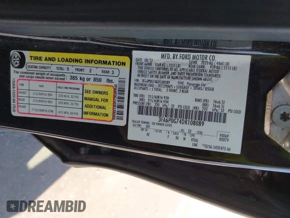 2013 Ford Fusion S with VIN 3FA6P0G74DR108089, listed as a IAAI auction lot 41767932 with 324,414 mi miles. Bid and sale history available at carsss.com. Image 9.