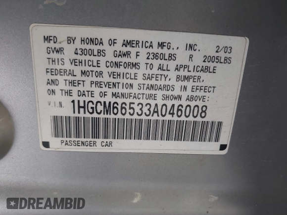 2003 Honda Accord EX with VIN 1HGCM66533A046008, listed as a IAAI auction lot 42395523 with 147,150 mi miles and . Bid and sale history available at DreamBid. Image 9.