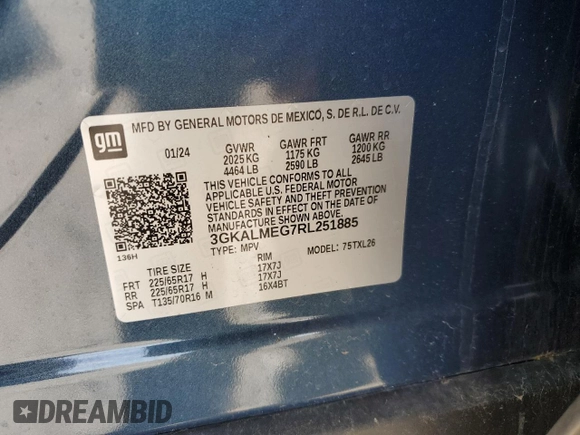 2024 GMC Terrain SLE with VIN 3GKALMEG7RL251885, listed as a Copart auction lot 51816855 with 1,393 mi miles and Salvage Title. Bid and sale history available at carsss.com. Image 14.