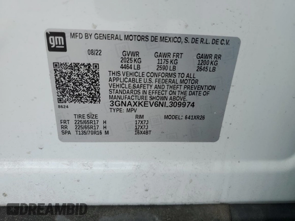 2022 Chevrolet Equinox LT with VIN 3GNAXKEV6NL309974, listed as a Copart auction lot 48933985 with 35,563 mi miles and Salvage Title. Bid and sale history available at DreamBid. Image 13.