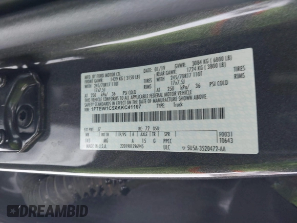 2019 Ford F-150 XL with VIN 1FTEW1C5XKKC41167, listed as a IAAI auction lot 41512262 with 72,490 mi miles and . Bid and sale history available at carsss.com. Image 9.