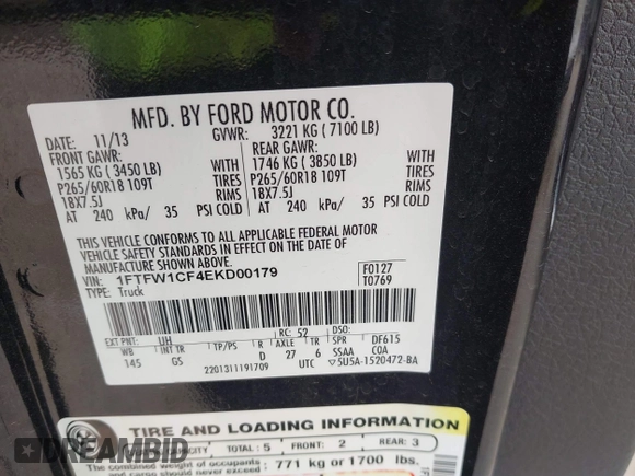 2014 Ford F-150 XL with VIN 1FTFW1CF4EKD00179, listed as a IAAI auction lot 42133580 with 100,826 mi miles and . Bid and sale history available at DreamBid. Image 9.