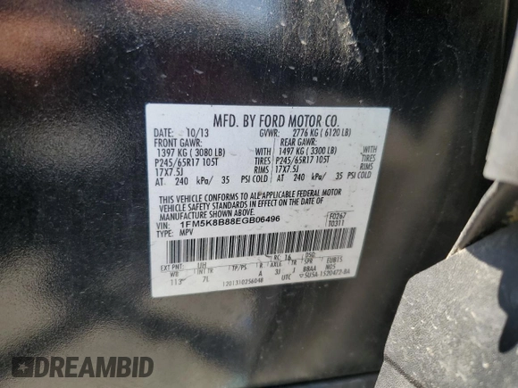 2014 Ford Explorer с VIN 1FM5K8B88EGB06496, выставлен на аукционе Copart как лот 59604765 с пробегом 189 882 миль миль и Списание • Salvage title. История ставок и продаж доступна на DreamBid. Изображение 13.