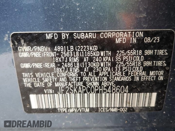 2023 Subaru Forester Limited with VIN JF2SKAPC0PH548604, listed as a Copart auction lot 57770975 with Not provided miles and Salvage title. Bid and sale history available at DreamBid. Image 13.