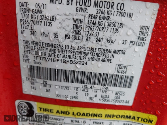 2011 Ford F-150 XL with VIN 1FTFW1EF1BFB53224, listed as a IAAI auction lot 41830647 with 134,081 mi miles. Bid and sale history available at carsss.com. Image 9.