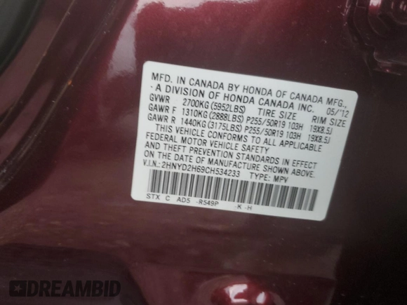 2012 Acura MDX Advance with VIN 2HNYD2H69CH534233, listed as a Copart auction lot 59426515 with 91,902 mi miles and Salvage title. Bid and sale history available at DreamBid. Image 13.
