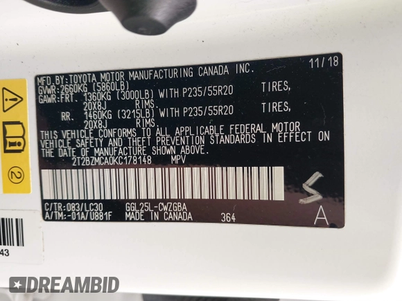 2019 Lexus RX 350 z VIN 2T2BZMCA0KC178148, wystawiony jako IAAI lot #41715970 z przebiegiem 100 066 mil mil oraz . Historia ofert i sprzedaży dostępna na DreamBid. Obrazek 9.