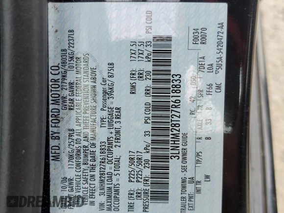2007 Lincoln MKZ z VIN 3LNHM28T27R618833, wystawiony jako Copart lot #55411555 z przebiegiem Nie podano mil oraz Nie do naprawy • Non repairable. Historia ofert i sprzedaży dostępna na DreamBid. Obrazek 12.