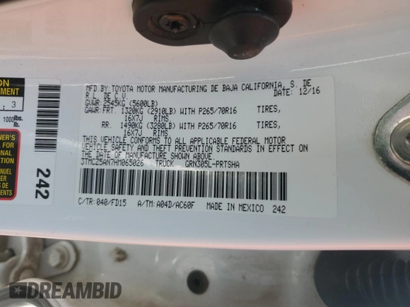 2017 Toyota Tacoma SR5 with VIN 3TMCZ5AN7HM065026, listed as a Copart auction lot 60438365 with 122,329 mi miles and Salvage title. Bid and sale history available at DreamBid. Image 12.