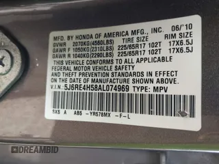 2010 Honda CR-V EX with VIN 5J6RE4H58AL074969, listed as a IAAI auction lot 42074484 with 285,697 mi miles. Bid and sale history available at carsss.com. Image 9.