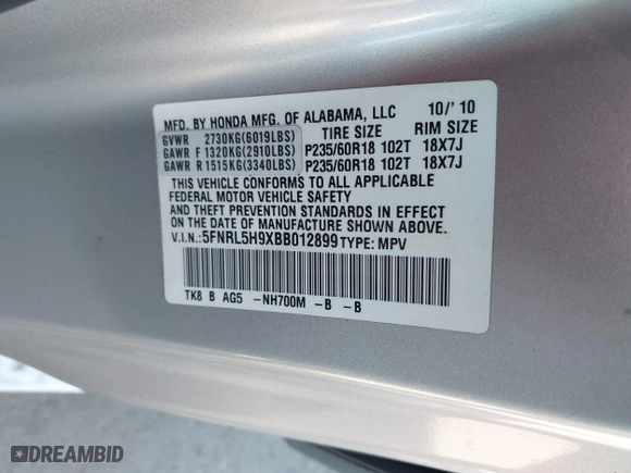 2011 Honda Odyssey Touring with VIN 5FNRL5H9XBB012899, listed as a IAAI auction lot 41611879 with 171,041 mi miles. Bid and sale history available at carsss.com. Image 9.