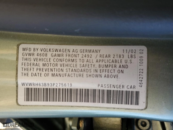 2003 Volkswagen Passat GLX with VIN WVWRH63B93P275619, listed as a Copart auction lot 87664845 with 0 mi miles and Non Repairable. Bid and sale history available at carsss.com. Image 13.
