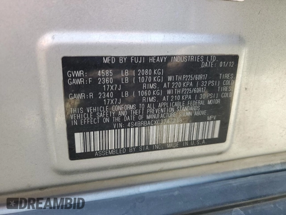 2012 Subaru Outback 2.5i с VIN 4S4BRBACXC3247219, выставлен на аукционе Copart как лот 58173125 с пробегом 133 826 миль миль и Списание • Salvage title. История ставок и продаж доступна на DreamBid. Изображение 13.