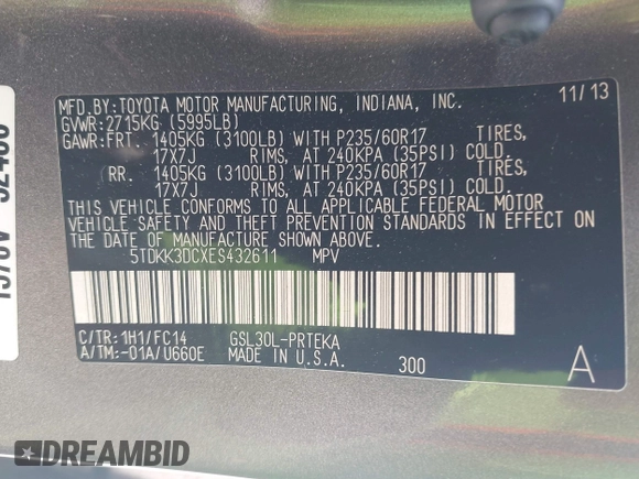 2014 Toyota Sienna LE AAS with VIN 5TDKK3DCXES432611, listed as a IAAI auction lot 40771635 with 214,145 mi miles and . Bid and sale history available at carsss.com. Image 9.