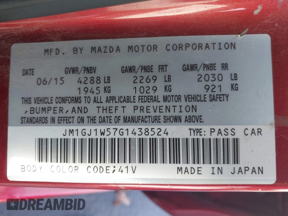 2016 Mazda 6 i Grand Touring with VIN JM1GJ1W57G1438524, listed as a IAAI auction lot 41365211 with 162,678 mi miles and . Bid and sale history available at DreamBid. Image 9.