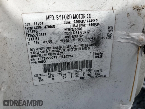 2005 Ford F-250 XL with VIN 1FTSW20P95EB35293, listed as a Copart auction lot 45791085 with 260,964 mi miles and Clean Title. Bid and sale history available at DreamBid. Image 13.
